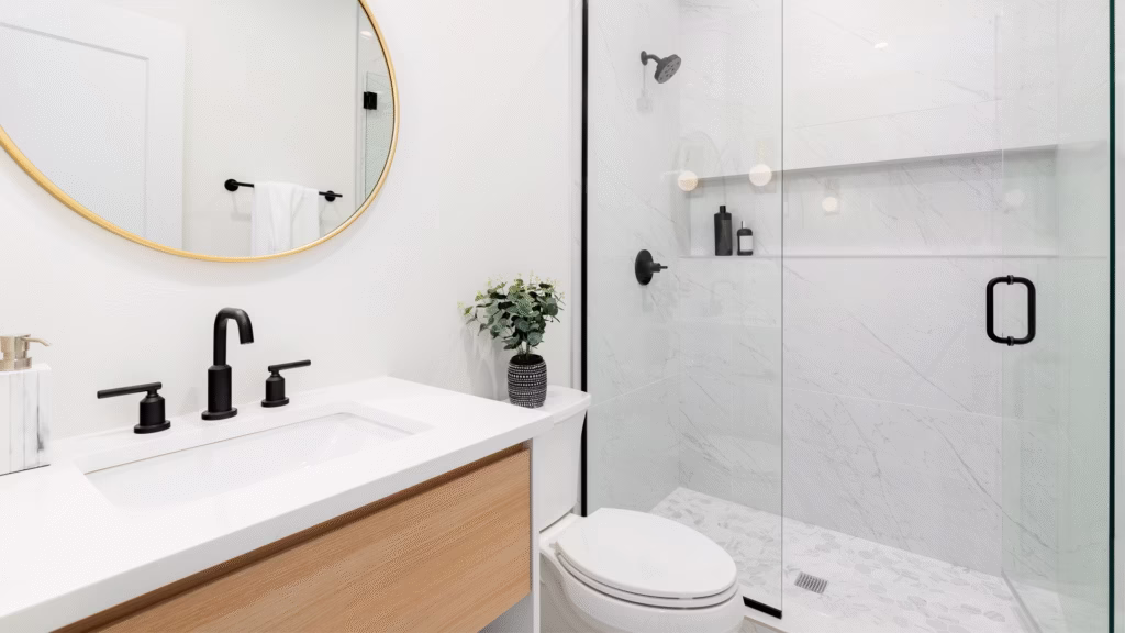 bath remodel new bathroom white bathroom wood cabinets black accents